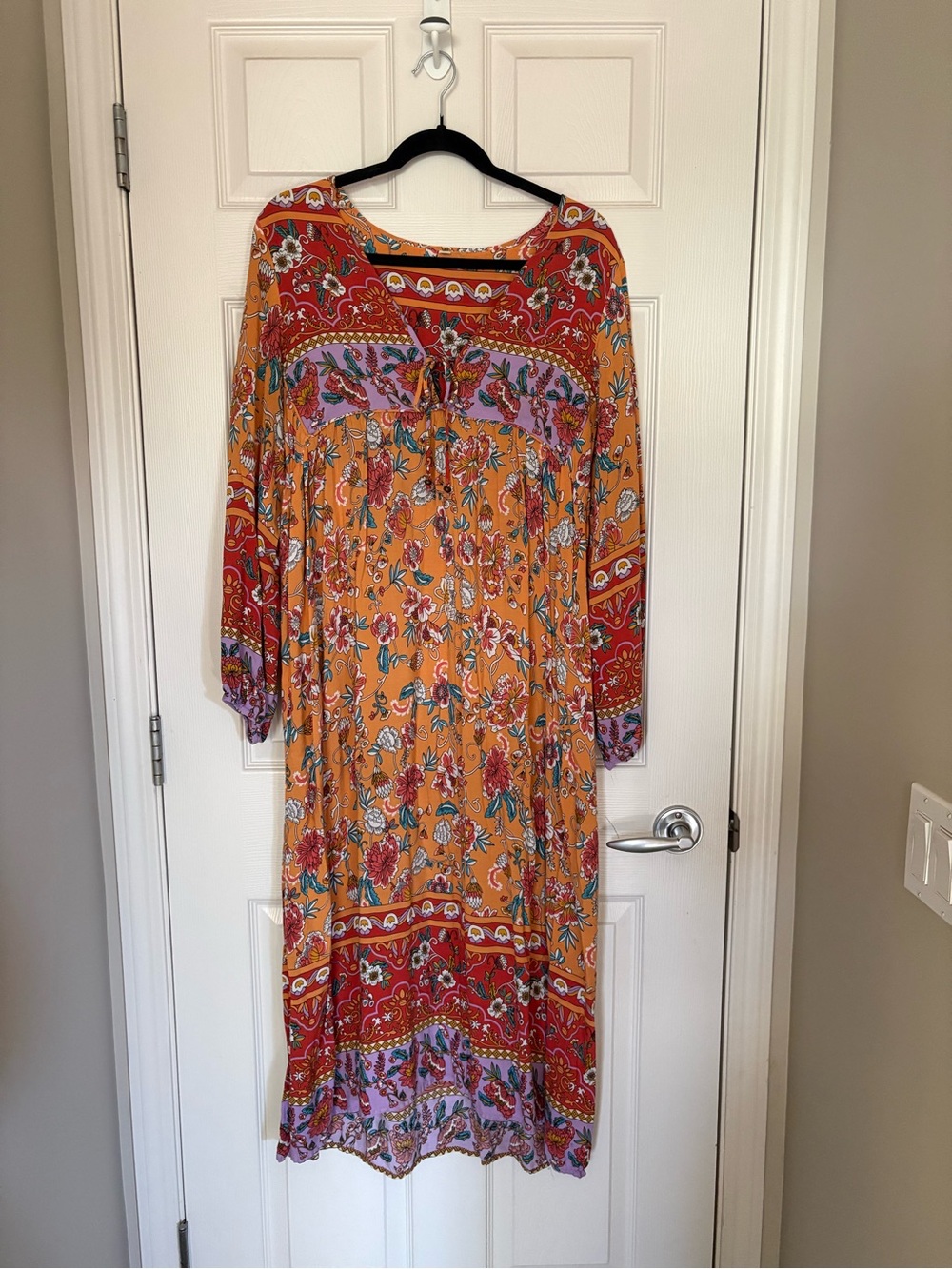 Bohemian Floral Tie-Front Midi Dress in Mustard and Red